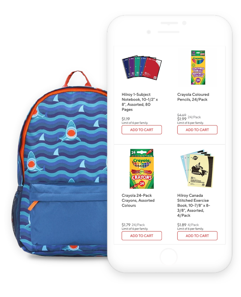 staples canada mobile app shown next to a child's book bag