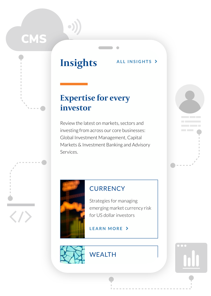 Mesirow mobile app displayed on a phone showing their Insights page icons are coming out from the screen to represent the CMS, user, experience, and analytics & insight