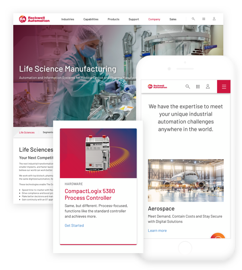Rockwell Automation web pages shown along with mobile website displayed on a phone screen