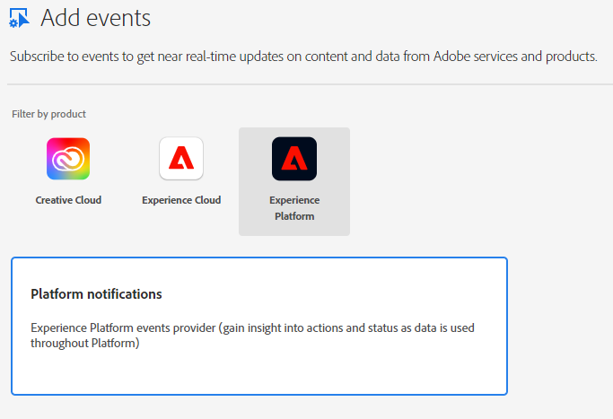 Add Events with three Adobe products shown for selection