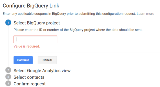 Configure BigQuery Link show with field for Select BigQuery project in use