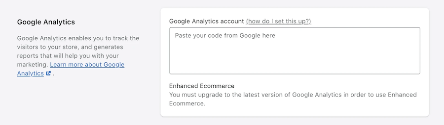 Google Analytics section in the Shopify Admin dashboard