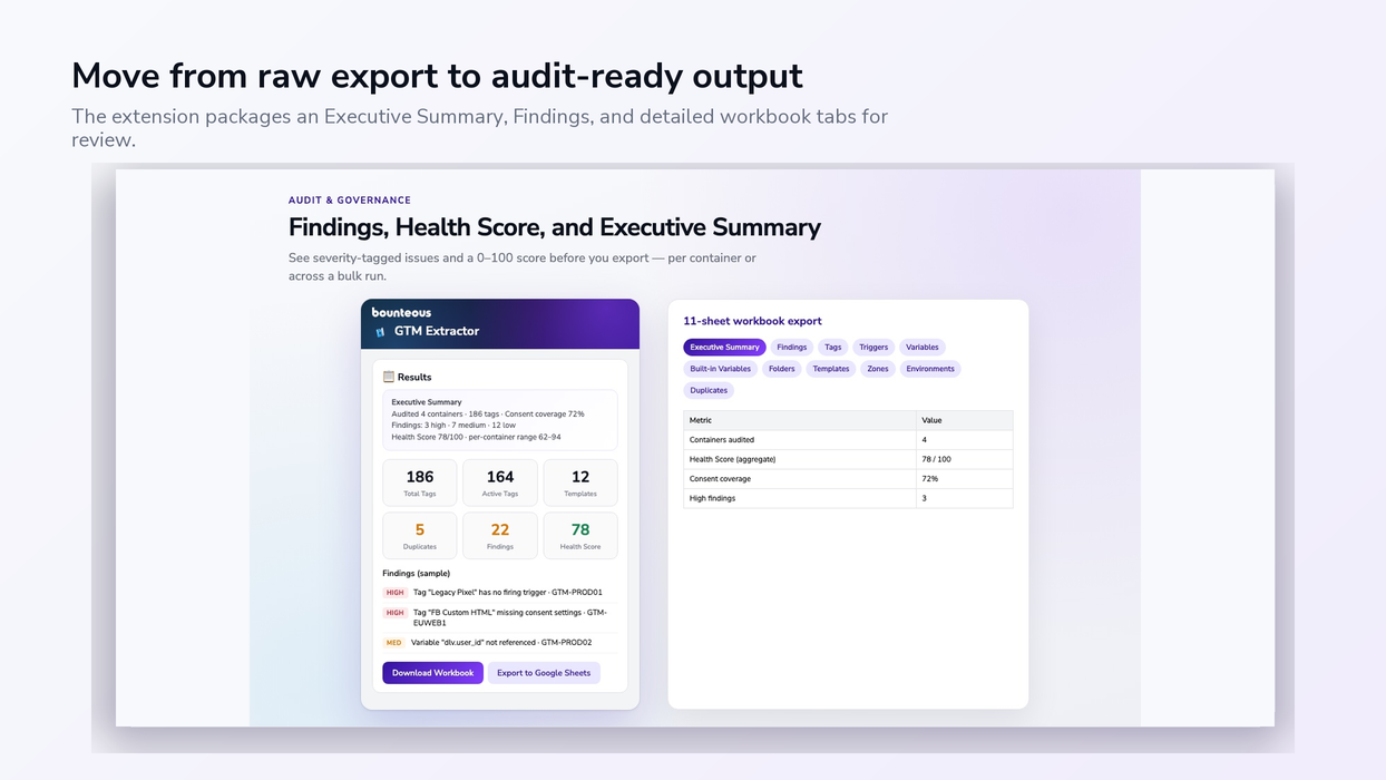 Audit results screen showing an Executive Summary, Health Score, Findings, and workbook export tabs.