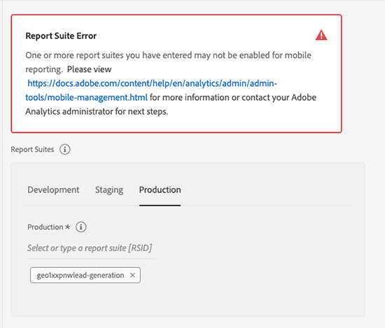 Invalid Report Suite screenshot