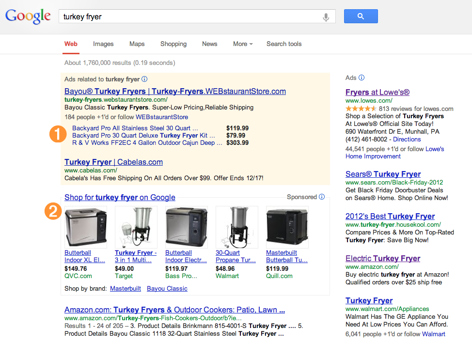 Search for 'turkey fryer' on Google showing product listing ads