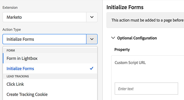 initialize forms marketo adobe launch extension