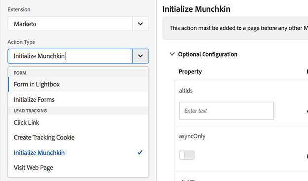 marketing initialize action adobe launch extension