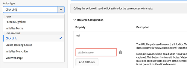 track click activities marketo adobe launch extension