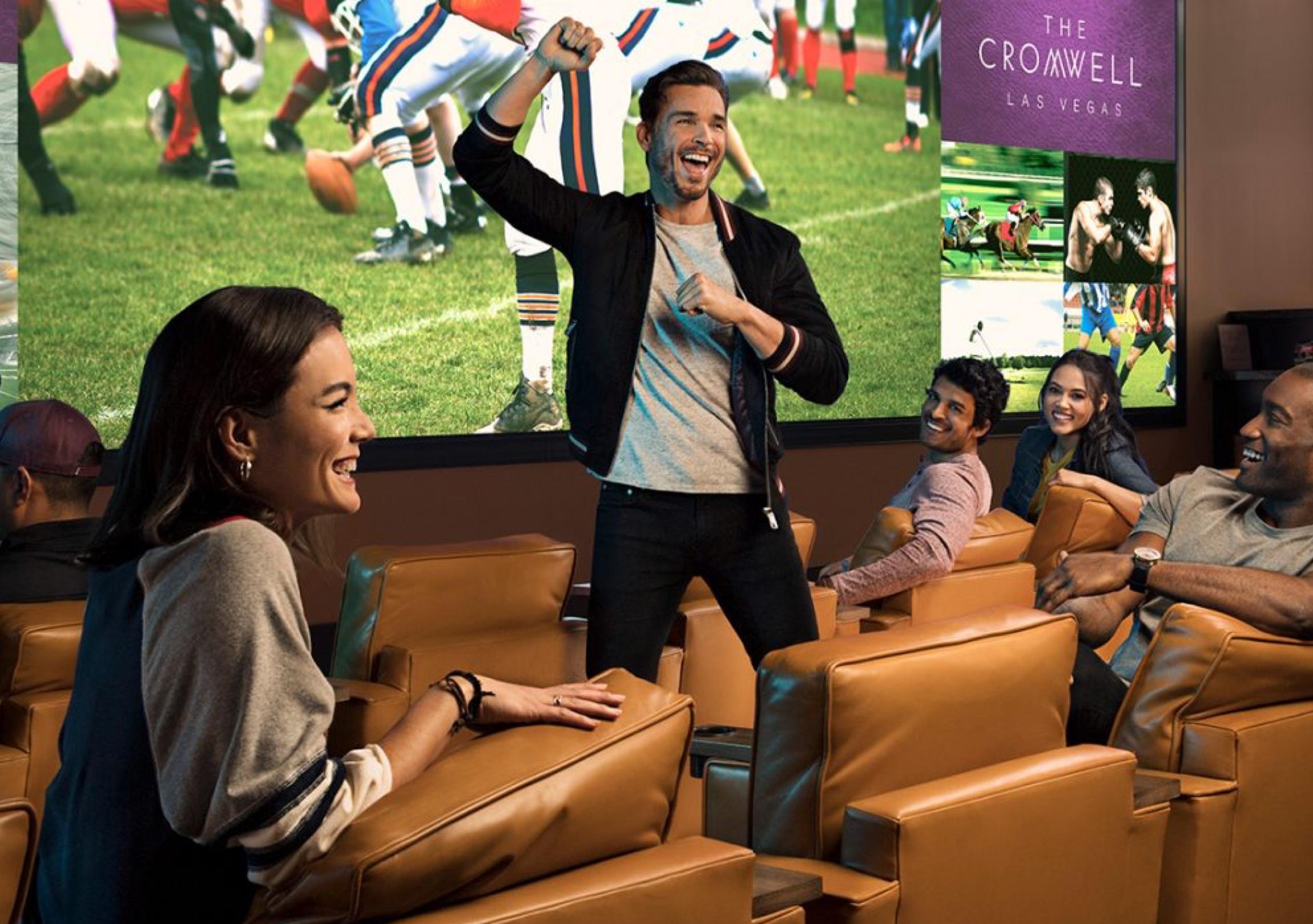 Friends enjoying a football game in a private viewing room