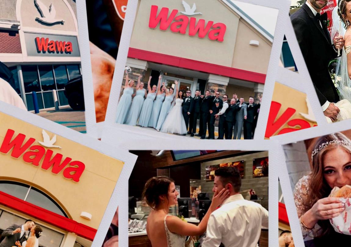 Photos of a bride and groom taking wedding pics at wawa