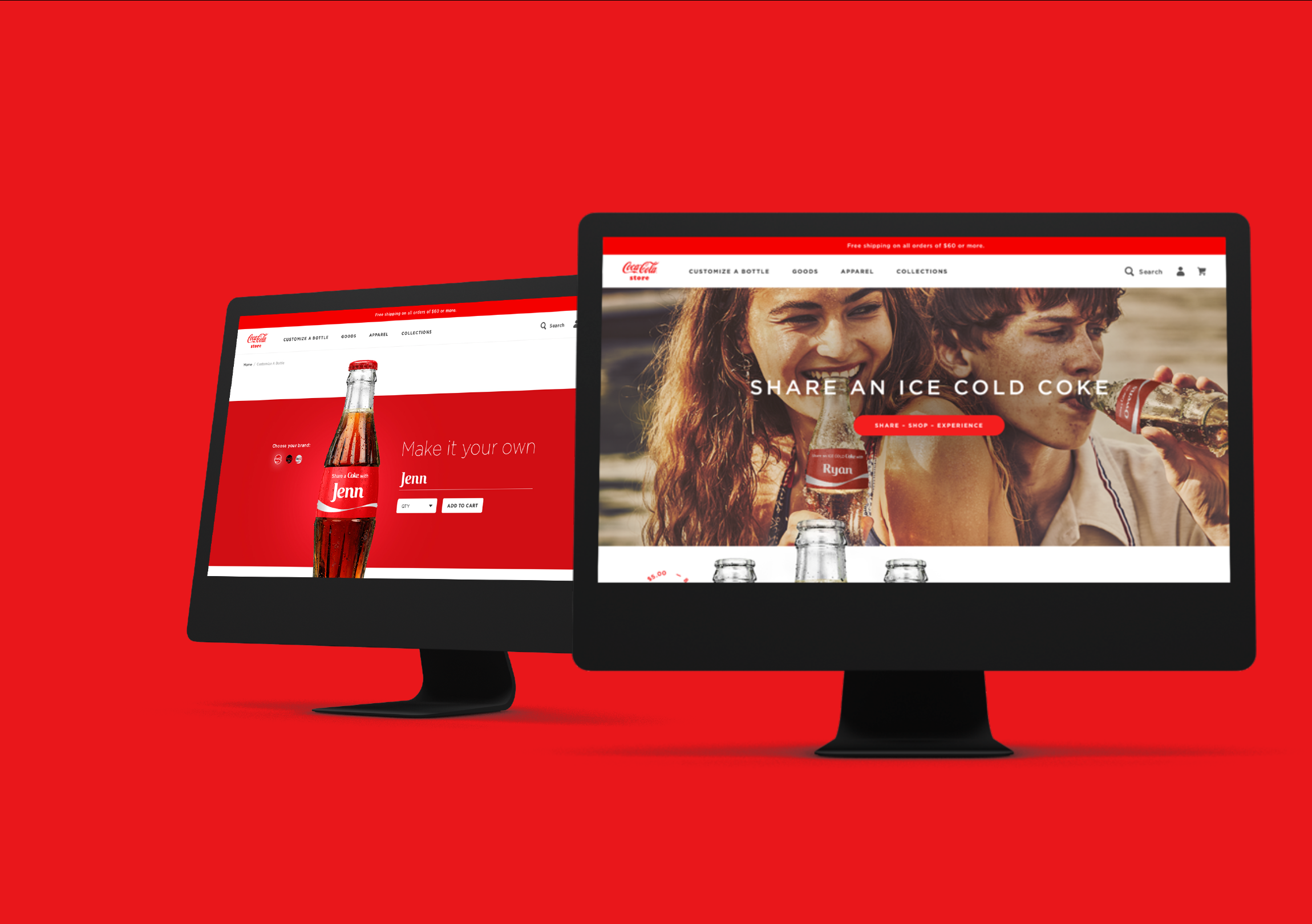 two coke website pages displayed on monitors side-by-side