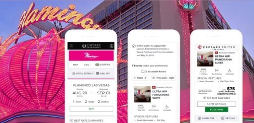 Caesars apps showing hotel options on a mobile phone