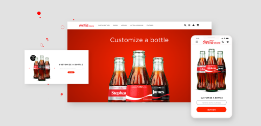 Two coke website pages displayed on browser and one displayed on mobile