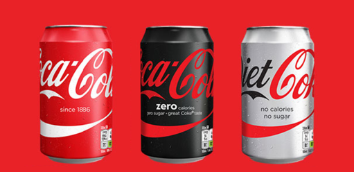 a can of coca-cola, coke zero, and diet coke