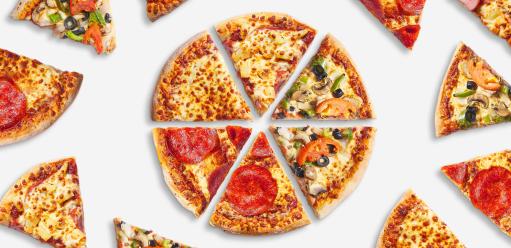 Domino's slices arranged into a whole pie with additional slices scattered around