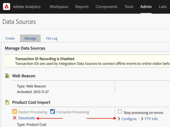 image of manage data sources field in adobe analytics