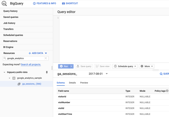 query editor dashboard shown pulling in events from google analytics 360