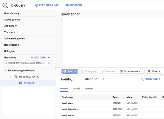 query editor dashboard shown pulling in events from firebase and or google analytics 4 properties