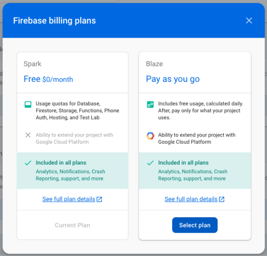 firebase billing plan options shown