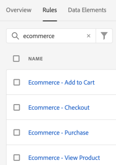 image show example of ecommerce tracking grouped together in rules search